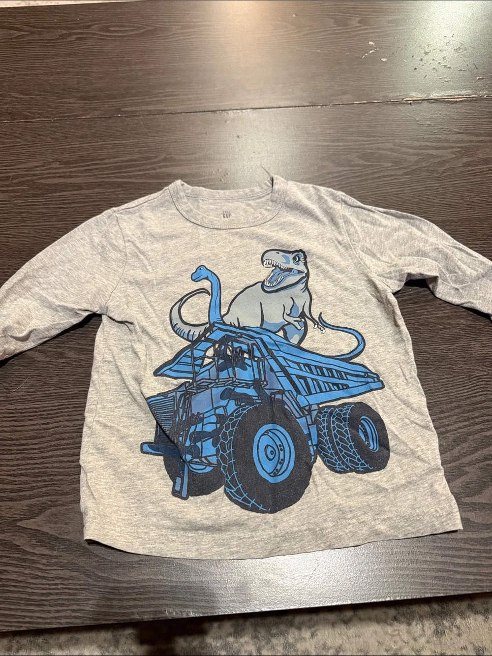 GAP Gray Long-Sleeve Tee with Blue Dino and Truck Graphic